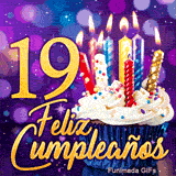 Imagen de cumpleaños 19 años en GIF con un cupcake festivo, velas resplandecientes y el número 19 dorado.