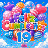 Imagen de cumpleaños 19 años en GIF con globos de colores meciéndose al viento y el número 19 azul sobre nubes.