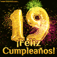 ¡Muy felices 19 años! GIF de texto dorado y fuegos artificiales.