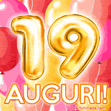 Bouquet animato di palloncini multicolori che emergono da una scatola regalo, con il numero 19 e la scritta 'Tanti Auguri!' su uno sfondo pieno di coriandoli.