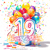 A festive birthday age GIF with animated star confetti, colorful balloons, and a gift box with the number 19. The text reads 'Happy Birthday'.