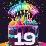 Chocolate cake with cyan layers, pink dressing and a big number 19 adorned with vibrant multicolored frosting, lit candles, and a rainbow topper with text that says 'Happy Birthday'. Animated colorful confetti move behind the cake.
