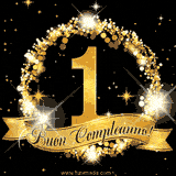 Il numero 1 è circondato da un anello dorato brillante, accompagnato da un nastro elegante con la scritta 'Buon Compleanno!' su uno sfondo scuro.