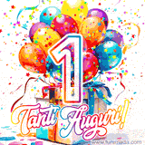 Animazione con palloncini colorati e scintillanti, accompagnata dal numero 1 in caratteri grandi e luminosi, e la scritta 'Tanti Auguri!' in stile vivace.