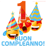 Due boccali di birra sorridenti animati, con il numero 1 e la scritta 'Buon Compleanno!' in caratteri allegri su uno sfondo bianco.