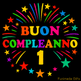 GIF animata 'Buon Compleanno 1' con lettere colorate e fuochi d'artificio