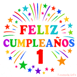 Imagen animada para felicitar el primer cumpleaños con letras de colores y diseño festivo.
