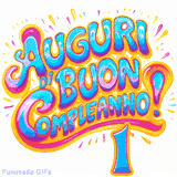 GIF animata con la scritta 'Auguri di Buon Compleanno 1' in colori vivaci e stile artistico festoso.