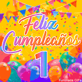 Un GIF animado para un 1º cumpleaños, Muestra el texto 'Feliz Cumpleaños 1' sobre un fondo amarillo vibrante con globos de colores, banderines y una lluvia de confeti.