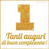 GIF animata per un 1° compleanno, Mostra il numero 1 in grandi caratteri dorati pieni di glitter scintillante, Sotto, la scritta 'Tanti auguri di buon compleanno!' in un elegante oro.