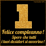 Un GIF animato per un 1° compleanno, Presenta il testo 'Buon Compleanno 1' su uno sfondo giallo vivo con palloncini colorati, festoni e una pioggia di coriandoli.