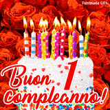 GIF animata per un 1° compleanno, Mostra una torta bianca con candeline colorate accese e coriandoli, di fronte a un muro di rose rosse, Il testo dice 'Buon 1 compleanno!'.