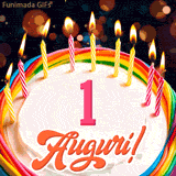 Un'animazione celebrativa di una torta di compleanno per un 1 anno, Le fiamme delle candeline tremolano e delle scintille brillano intorno, creando un'atmosfera festosa e magica.