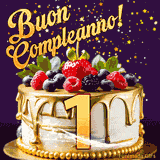 Un GIF animato di una bellissima torta per il 1° compleanno con glassa dorata e frutti di bosco freschi, Il numero dorato 1 è davanti, e stelle cadono su uno sfondo viola scuro.