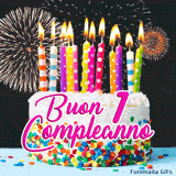 GIF animazione di buon compleanno 1 anno con torta bianca, zuccherini colorati e scritte rosa brillante su uno sfondo di fuochi d'artificio scintillanti.