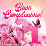 GIF animazione buon compleanno 1 anno con un grande numero rosa, rose fresche e una farfalla delicata su uno sfondo di scintille e stelle luminose.