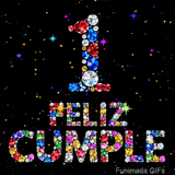 El número 1 y las palabras FELIZ CUMPLE están hechos de gemas brillantes multicolores, sobre un fondo negro con pequeñas estrellas luminosas.