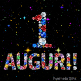 Il numero 1 e la scritta Auguri formati da gemme colorate e scintillanti su uno sfondo nero animato da piccole stelle luminose.