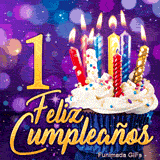 GIF animado de Feliz Primer Cumpleaños con un cupcake, velas encendidas de colores y el número 1 dorado sobre fondo morado.