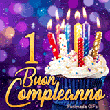 GIF animata di Buon Primo Compleanno con un cupcake, candeline colorate accese e il numero 1 dorato su sfondo viola.