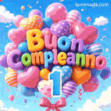 Un grande grappolo di palloncini colorati ondeggia al vento sotto un cielo azzurro nuvoloso. Le lettere 3D formano Buon Compleanno sopra un grande numero 1 azzurro.