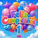 GIF animado de Feliz Primer Cumpleaños con un ramillete de globos de colores flotando en el cielo y el número 1 azul.