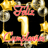 Animación de un GIF con el número 1 en dorado, rodeado de estrellas, burbujas brillantes y la frase 'Feliz cumpleaños' en letras modernas y festivas.