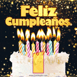 GIF animado de un pastel decorado con velas de colores, con el número 1 resaltado y un fondo brillante que transmite celebración.