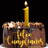GIF de un pastel de chocolate con decoración de crema, velas doradas con el número 1 encendido, y un fondo negro elegante y cálido.