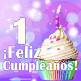 Animación de un cupcake con cobertura blanca, confites de colores, una vela encendida y el número 1 en grande sobre un fondo púrpura con luces brillantes.