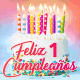 GIF animado con un pastel blanco decorado con confites y velas de colores encendidas, acompañado de la frase 'Feliz 1 cumpleaños' sobre un fondo alegre.
