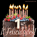 Feliz 1 cumpleaños pastel de chocolate. Imagen (GIF) con pastel y saludo.