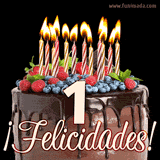 Animación de un pastel de chocolate decorado con frutas, velas encendidas y el número 1, acompañado de la palabra '¡Felicidades!' en elegante tipografía.