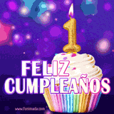 GIF animado de un cupcake decorado con confites, dos velas doradas encendidas formando el número 1, sobre un fondo púrpura brillante con destellos.