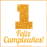 Imagen animada con el número 1 en diseño dorado brillante acompañado de la frase 'Feliz cumpleaños' sobre un fondo blanco simple y elegante.