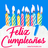 Animación de un pastel decorado con velas coloridas y encendidas, el número 1 destacado en azul y la frase 'Feliz cumpleaños' en letras estilizadas.