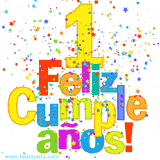 GIF festivo lleno de confeti de colores, el número 1 grande en amarillo y la frase 'Feliz cumpleaños' en letras multicolores y brillantes.