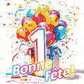 Des confettis animés, des ballons multicolores et un coffret cadeau dans un joyeux GIF de 1er anniversaire