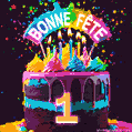 Gâteau au chocolat avec le numéro 1 orné d'un glaçage vibrant, de bougies et d'une décoration arc-en-ciel