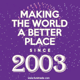 Animated text GIF featuring fireworks burst in the background as bold white text proudly states 'Making the World a Better Place Since 2003.'