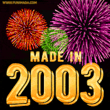 A celebratory golden animation reading 'Made in 2003,' with bright, colorful fireworks bursting in the background to mark a memorable occasion.