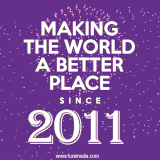 Animated text GIF featuring fireworks burst in the background as bold white text proudly states 'Making the World a Better Place Since 2011.'