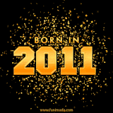 A sparkling black and gold animation with bold golden text reading 'Born in 2011,' surrounded by shimmering confetti.