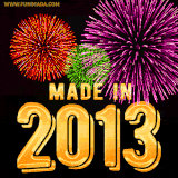 A celebratory golden animation reading 'Made in 2013,' with bright, colorful fireworks bursting in the background to mark a memorable occasion.