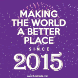 Animated text GIF featuring fireworks burst in the background as bold white text proudly states 'Making the World a Better Place Since 2015.'