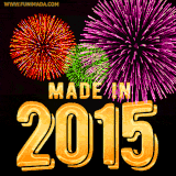 A celebratory golden animation reading 'Made in 2015,' with bright, colorful fireworks bursting in the background to mark a memorable occasion.