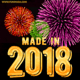 A celebratory golden animation reading 'Made in 2018,' with bright, colorful fireworks bursting in the background to mark a memorable occasion.
