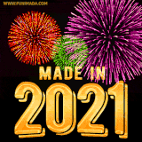 A celebratory golden animation reading 'Made in 2021,' with bright, colorful fireworks bursting in the background to mark a memorable occasion.