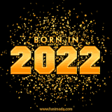 A sparkling black and gold animation with bold golden text reading 'Born in 2022,' surrounded by shimmering confetti.