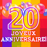 GIF animé 20 ans avec des ballons colorés, un grand chiffre 20 et 'Joyeux Anniversaire!' sur un fond éclatant.